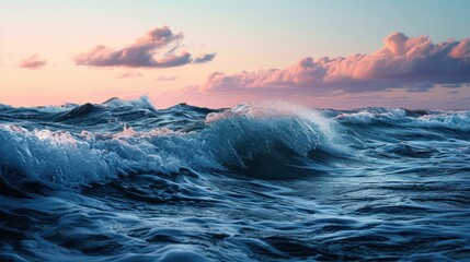 The relentless energy of the ocean waves is transformed into calming rhythms at dusk, the crests capturing the fading light in a dance of serenity.