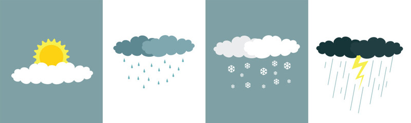 Weather symbol set. Winter, Rainy, sunny, cloudy, thunderstorm vector illustration
