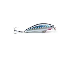 Picture of colorful fish shaped plug baits with 3 way hooks. Fishing equipment isolated on white background.