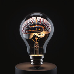 idea, thinking, imagination illustration, light bulb with brain, brain inside the light bulb, in plain dark black background