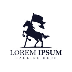 horse silhouette logo concept with flag, horse silhouette logo design