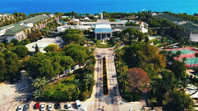 Aerial 4K drone footage of Kiriş-
Kemer (Antalya, Turkey).  Mediterranean sea, beach, cityscape (hotels and resorts), and mountains &ndash; filmed in a vibrant summer time.