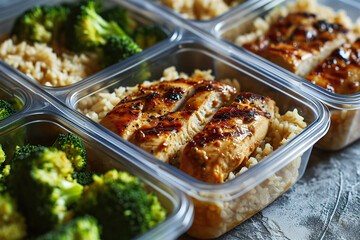 Meal prep containers with grilled chicken, brown rice, and steamed broccoli.  - obrazy, fototapety, plakaty