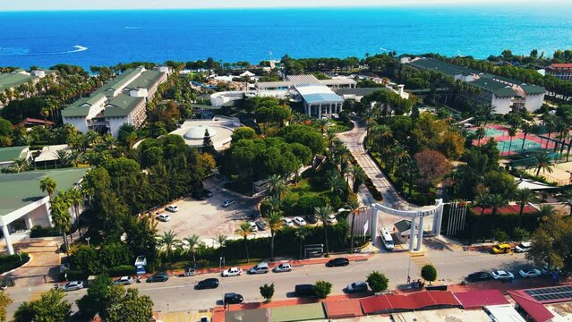 Aerial 4K drone footage of Kiriş-
Kemer (Antalya, Turkey).  Mediterranean sea, beach, cityscape (hotels and resorts), and mountains &ndash; filmed in a vibrant summer time.