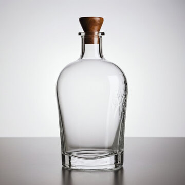 unique shape of clear glass empty bottle, for drink, medicine, perfume, alcohol, wine or vodka bottle with wooden cap. Isolated on gray background. Stock mock up.