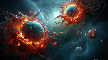 Cancer cell attacking another cell - obrazy, fototapety, plakaty