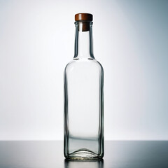 unique shape of clear glass empty bottle, for drink, medicine, perfume, alcohol, wine or vodka bottle with wooden cap. Isolated on gray background. Stock mock up. - obrazy, fototapety, plakaty