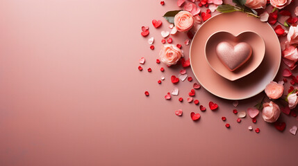 Valentine's Day Dinner Plate or Place Setting - Single Dinner Plate with Heart and Flower Decor - On Pink and Red Gradient Background - Overhead Flat Lay View with Copy Space  - obrazy, fototapety, plakaty
