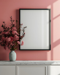 Portrait blank white picture frame mock up on wooden desk or table with plant pink flower decoration and pink background, sunlight, copy space.
