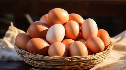 Basket of fresh eggs on a wooden table.