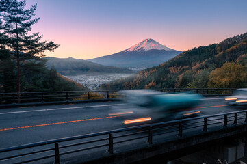 Mountain fuji view during autumn with twilight sky