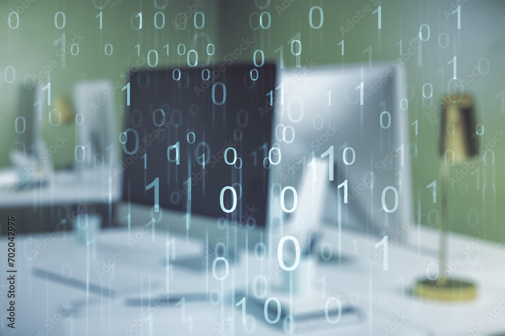 Aufkleber Creative concept of binary code illustration on modern laptop background. Big data and coding concept. Multiexposure