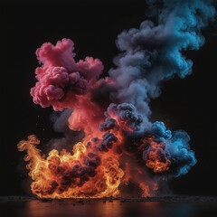 colorful flame fire and smoke isolated in dark black background