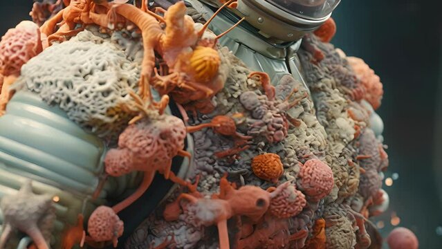 A magnified view of a space suit, covered in a variety of bacteria and fungi, demonstrating the potential impact of microbial hitchhikers on astronauts.