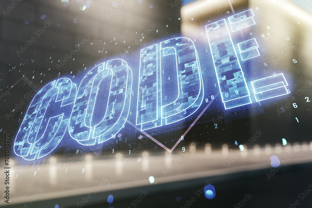 Poster code word hologram on modern business center exterior background, artificial intelligence and neural