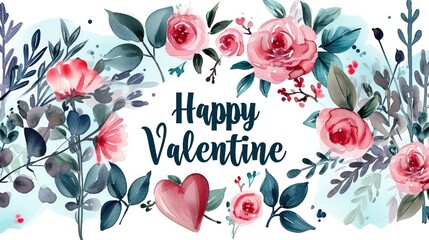 Delightful Valentine watercolor illustration with intricate floral design and flower decorations.
