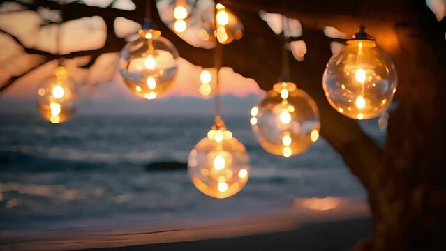 Small glass orbs, adorned with ling fairy lights, hang from tree branches and illuminate the beach with a magical glow. The contrast between the dark sky and the bright lights is enchanting.