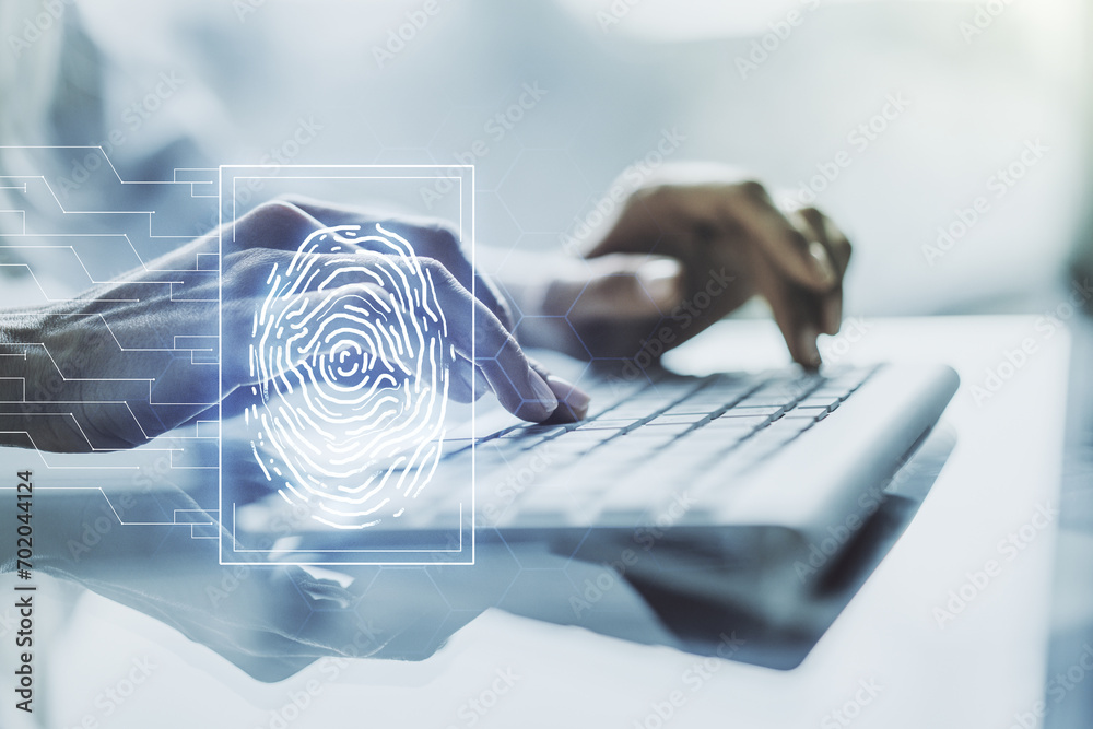 Poster multi exposure of abstract creative fingerprint illustration with hands typing on computer keyboard 