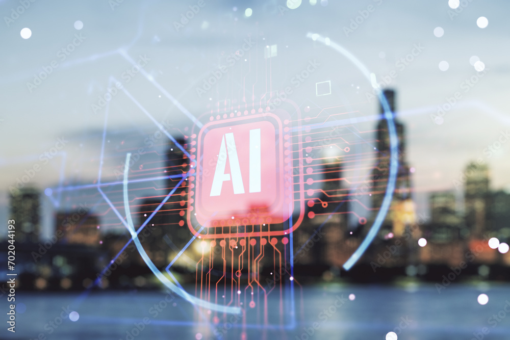 Poster double exposure of creative artificial intelligence abbreviation hologram on blurry office buildings
