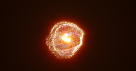 Abstract glowing looped light energy yellow orange round sphere atom from lines of wave dots and particles abstract background