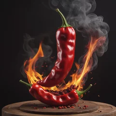 Papier Peint photo Lavable Piments forts Spicy Fire, Red chili peppers sharp red siliculose pepper against a smoke and flame, Smoldering chili pepper adding spice to dishes, Red hot chili peppers
