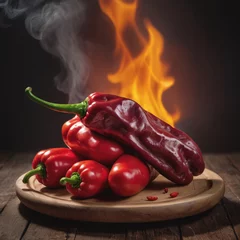 Keuken spatwand met foto Spicy Fire, Red chili peppers sharp red siliculose pepper against a smoke and flame, Smoldering chili pepper adding spice to dishes, Red hot chili peppers © vian