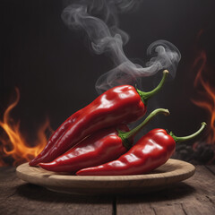 Spicy Fire, Red chili peppers sharp red siliculose pepper against a smoke and flame, Smoldering chili pepper adding spice to dishes, Red hot chili peppers