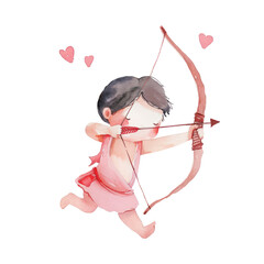 Obraz premium Watercolor illustration of red cute valentine's day cupid, PNG transparent background.
