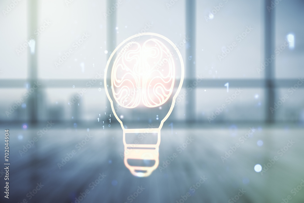 Poster Abstract virtual creative light bulb with human brain hologram on empty classroom background, artificial Intelligence and neural networks concept. Multiexposure