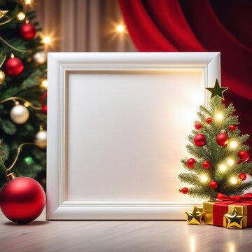 Empty photo frame with christmas theme, christmas decoration, pine christmas tree with full light lamps and cheerful