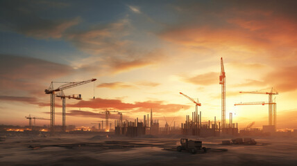Construction site panorama at sunset - obrazy, fototapety, plakaty