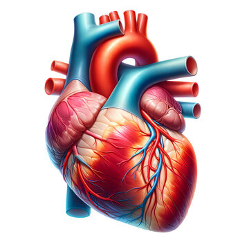 A high quality medical illustration showcasing the detailed anatomy of the human heart with precision. The accurate depiction highlights the intricate structures and vessels against white background.