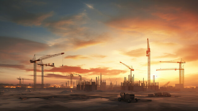 Construction site panorama at sunset
