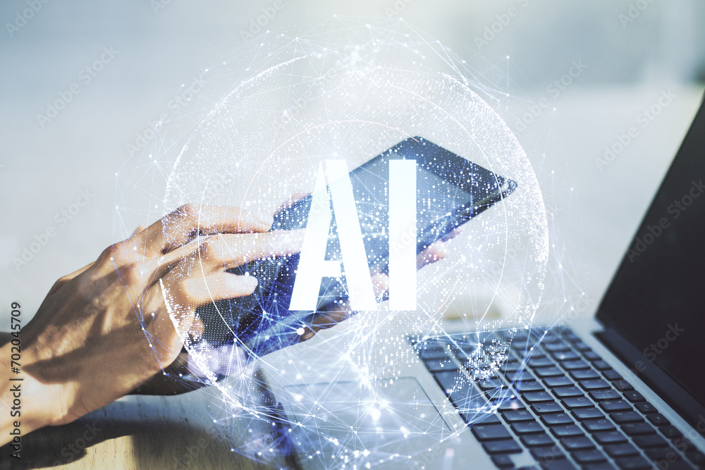 Poster creative artificial intelligence symbol concept with finger presses on a digital tablet on backgroun