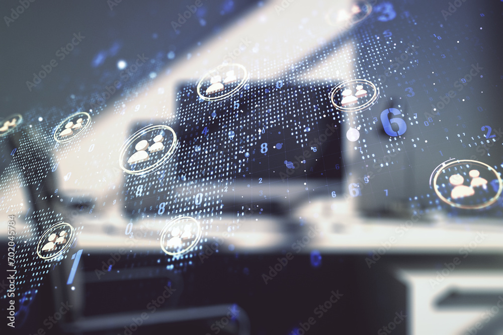 Aufkleber double exposure of social network icons concept with world map and modern desktop with laptop on bac