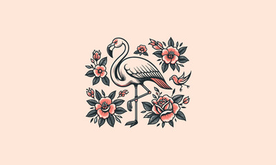 pink flamingo with flowers vector mascot design