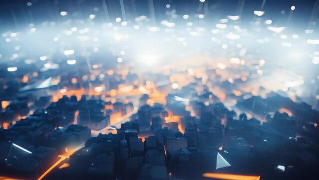 An abstract visualization of a virtual city, with AI agents constantly analyzing and optimizing its spatial layout and functionality, demonstrating the potential of spatial computing for