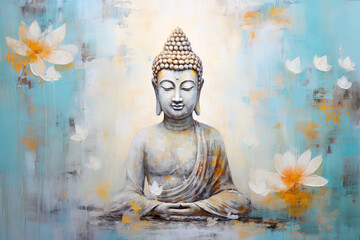 Horizontal Buddha Oil Painting in Neutral Pastel Colors - Printable Wall Art - Wallpaper - Home Decor