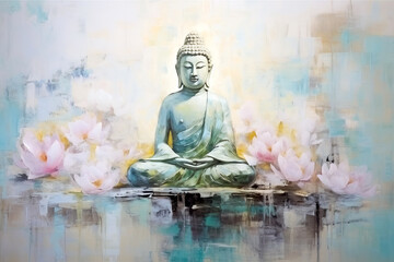 Horizontal Buddha Oil Painting in Neutral Pastel Colors - Printable Wall Art - Wallpaper - Home Decor
