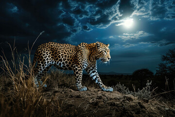 A leopard in the moonlight, with its coat illuminated by the soft glow