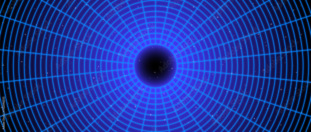 Aufkleber blue glowing wireframe tunnel. neon wormhole in dark space with stars. grid tunnel in perspective. f
