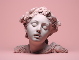 Plaster Sculpture female face in frontal view. Close up Pink gypsum Ancient statue woman Godhead isolated on pastel background. Renaissance portrait with closed eyes.