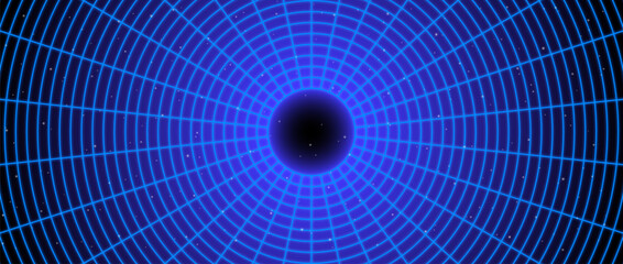 Blue glowing wireframe tunnel. Neon wormhole in dark space with stars. Grid tunnel in perspective. Funnel or portal illusion. Circular mesh structure tube. Vector optical illusion art