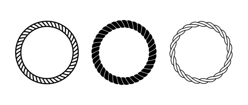 Rope frame set. Round cord border collection. Circle rope wreath loop pack. Chain, braid or plait border bundle. Circular design elements for decoration, banner, poster. Vector decoration frames
