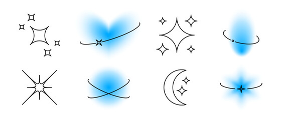 Y2k elements with eclipse lines set. Blurry aura shape and linear elements collection. Blurred smooth gradient with oval orbits for logo, template, badge, sticker, collage, icon. Vector sparkles pack