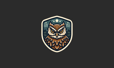 face owl with shield and forest vector logo design