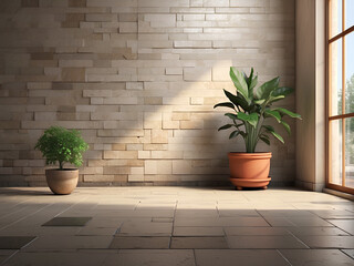 Fototapeta premium Wallpaper with brick wall and pot plants