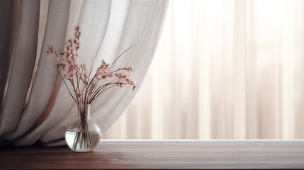 background wooden table on defocused window with with curtain