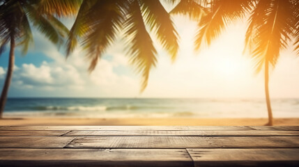blur tropical beach with bokeh sunlight wave and palm tree