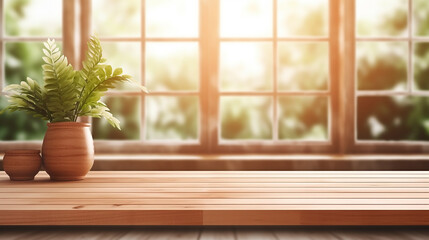 empty wooden table and window room interior decoration with sunlight - obrazy, fototapety, plakaty